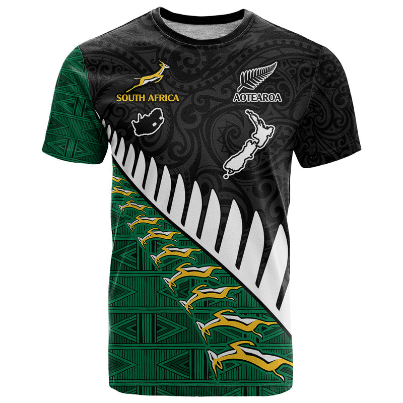 Custom South Africa and Aotearoa Rugby Springboks Black Fern Maori Vibe T Shirt