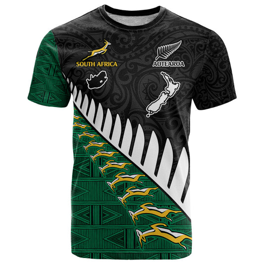 Custom South Africa and Aotearoa Rugby Springboks Black Fern Maori Vibe T Shirt