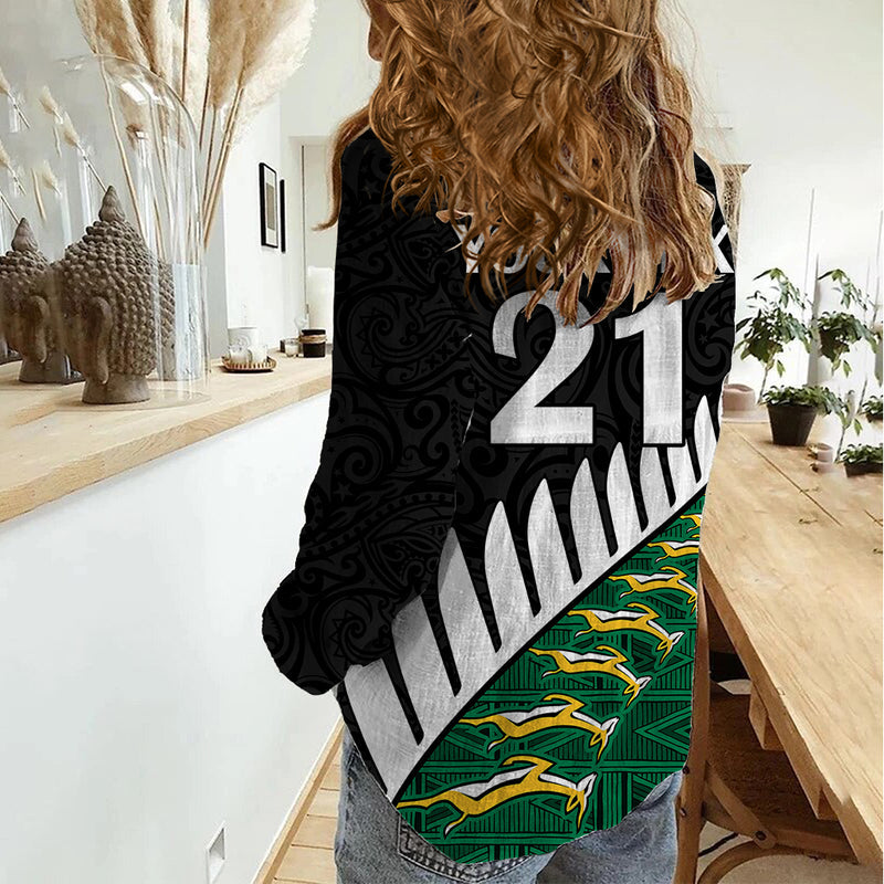 Custom South Africa and Aotearoa Rugby Springboks Black Fern Maori Vibe Women Casual Shirt