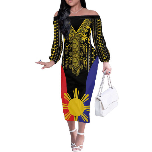 Afro Pinoy Blackapino Half Black Filipino Off The Shoulder Long Sleeve Dress
