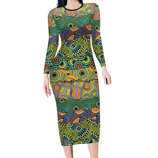 Africa Tribal Mixed Pattern Long Sleeve Bodycon Dress