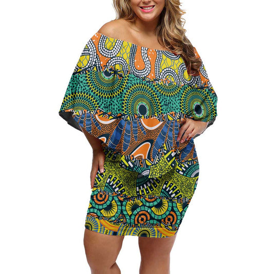 Africa Tribal Mixed Pattern Off Shoulder Short Dress