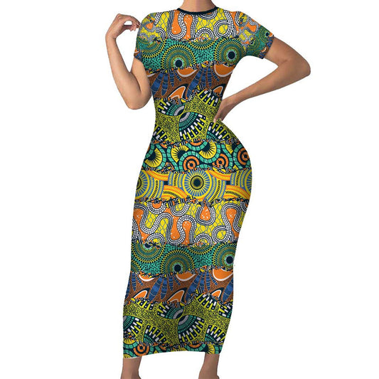 Africa Tribal Mixed Pattern Short Sleeve Bodycon Dress