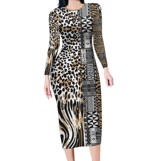 Africa Tribal Pattern Mixed Leopard Skin Long Sleeve Bodycon Dress