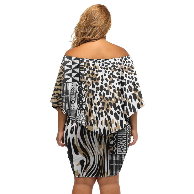 Africa Tribal Pattern Mixed Leopard Skin Off Shoulder Short Dress