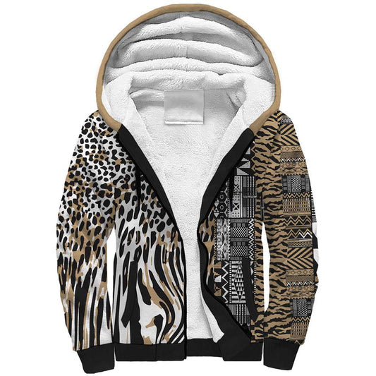 Africa Tribal Pattern Mixed Leopard Skin Sherpa Hoodie