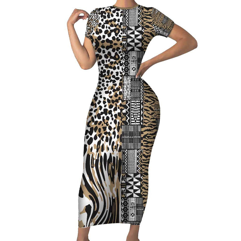 Africa Tribal Pattern Mixed Leopard Skin Short Sleeve Bodycon Dress