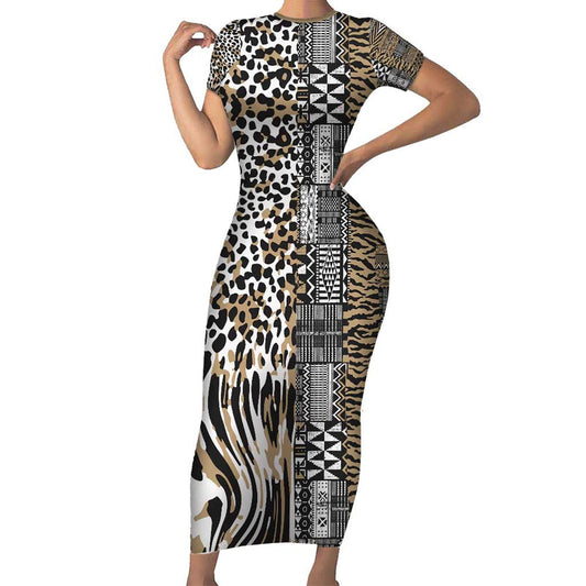 Africa Tribal Pattern Mixed Leopard Skin Short Sleeve Bodycon Dress