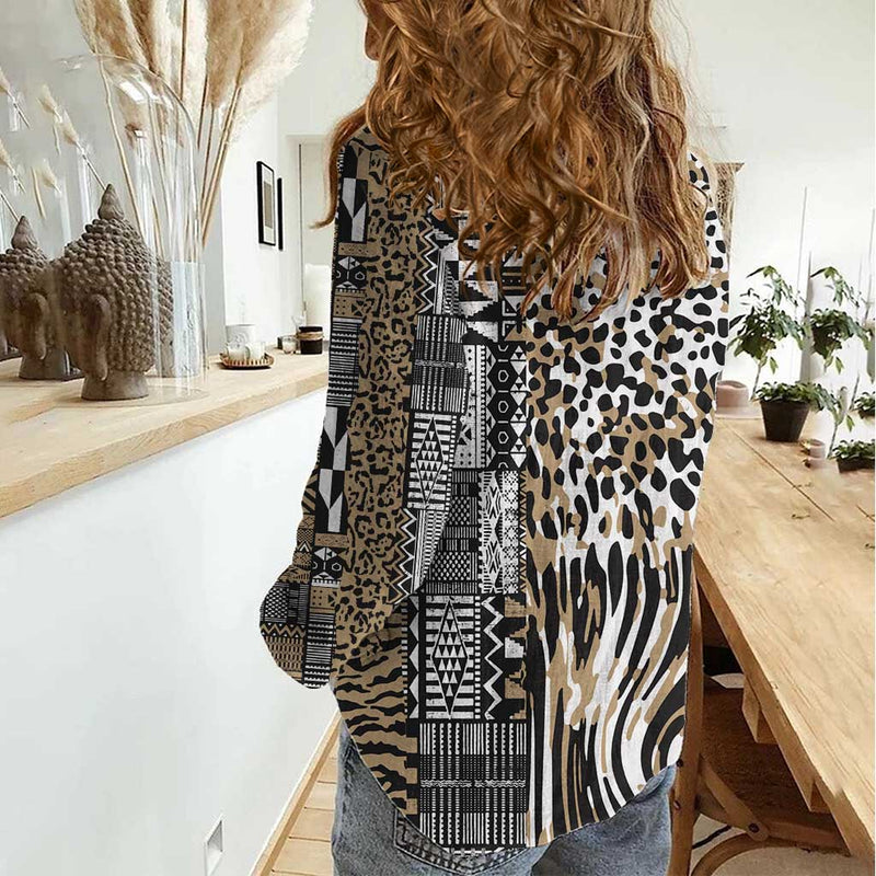 Africa Tribal Pattern Mixed Leopard Skin Women Casual Shirt