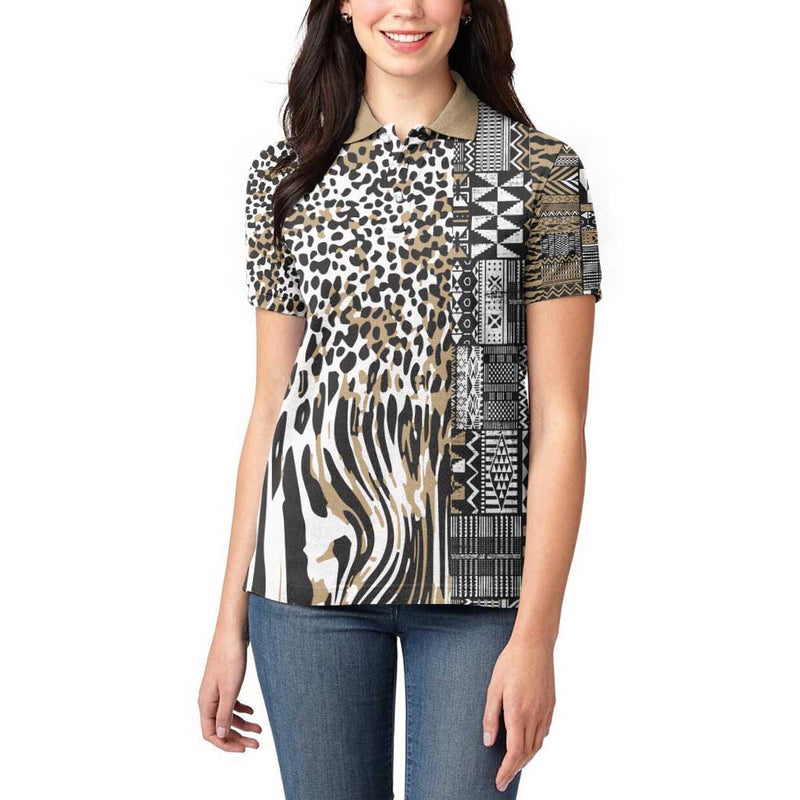 Africa Tribal Pattern Mixed Leopard Skin Women Polo Shirt