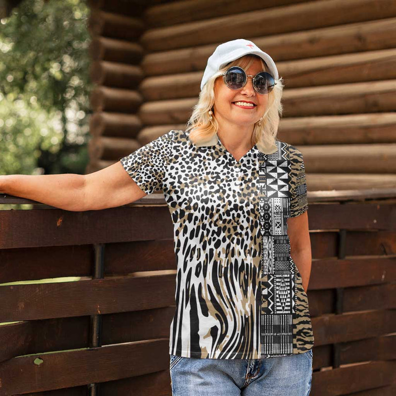 Africa Tribal Pattern Mixed Leopard Skin Women Polo Shirt