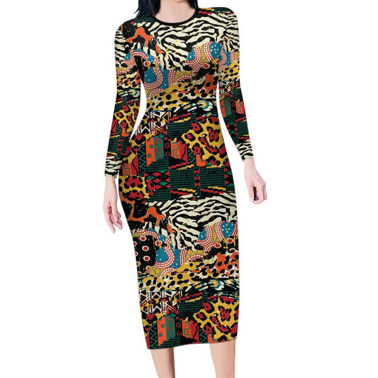 African Mixed Wild Animal Skins Long Sleeve Bodycon Dress