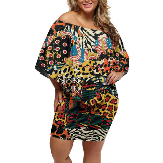 African Mixed Wild Animal Skins Off Shoulder Short Dress