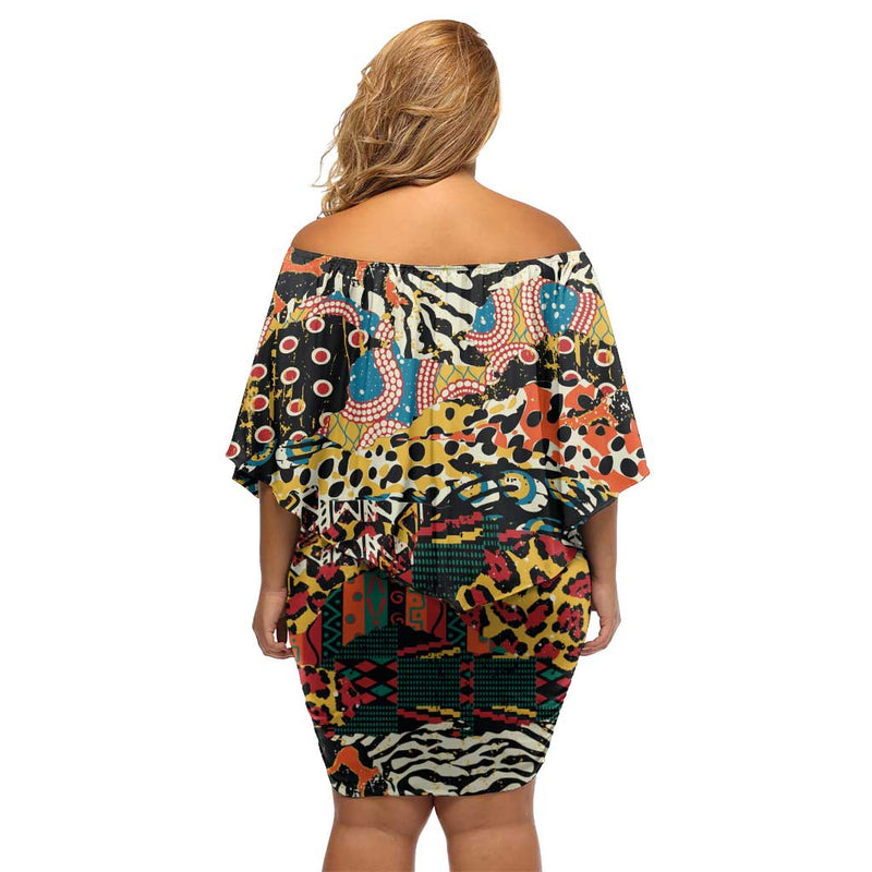 African Mixed Wild Animal Skins Off Shoulder Short Dress