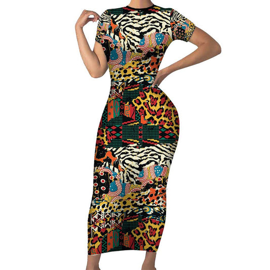 African Mixed Wild Animal Skins Short Sleeve Bodycon Dress