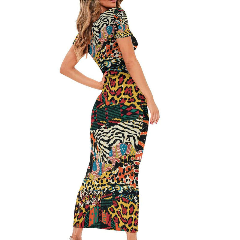 African Mixed Wild Animal Skins Short Sleeve Bodycon Dress