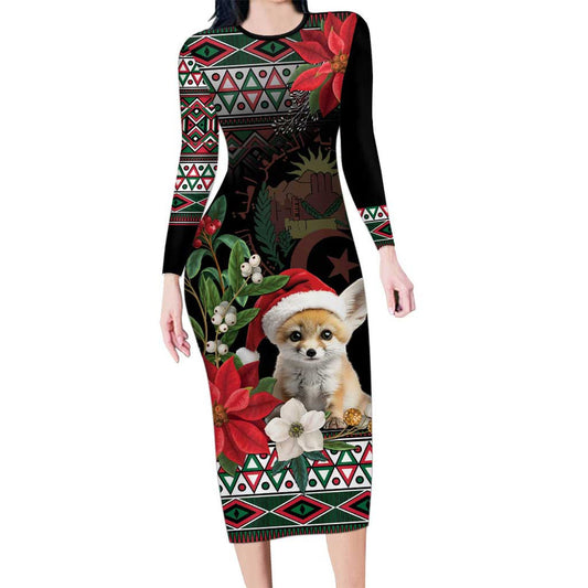 Algeria Christmas Fennec Fox Santa And Traditional Pattern Long Sleeve Bodycon Dress