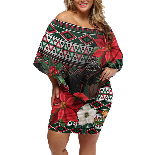 Algeria Christmas Fennec Fox Santa And Traditional Pattern Off Shoulder Short Dress