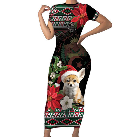 Algeria Christmas Fennec Fox Santa And Traditional Pattern Short Sleeve Bodycon Dress