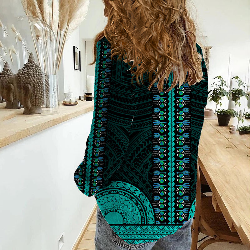 African Dashiki With Polynesian Pattern - Teal Women Casual Shirt