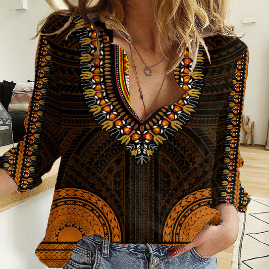 African Dashiki With Polynesian Pattern - Gold Women Casual Shirt