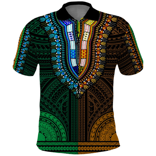 African Dashiki With Polynesian Pattern - Half Green and Gold Polo Shirt