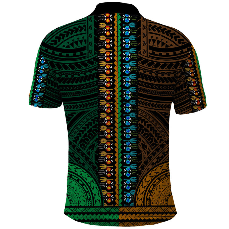 African Dashiki With Polynesian Pattern - Half Green and Gold Polo Shirt