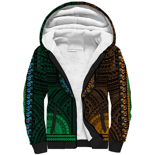 African Dashiki With Polynesian Pattern - Half Green and Gold Sherpa Hoodie