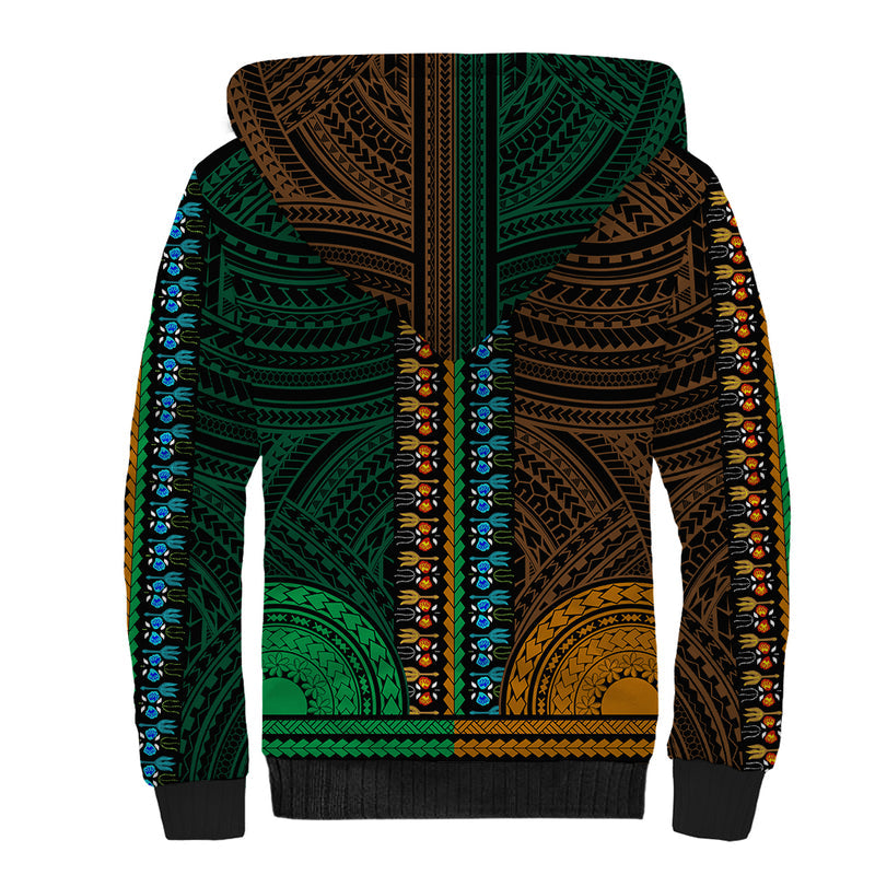African Dashiki With Polynesian Pattern - Half Green and Gold Sherpa Hoodie