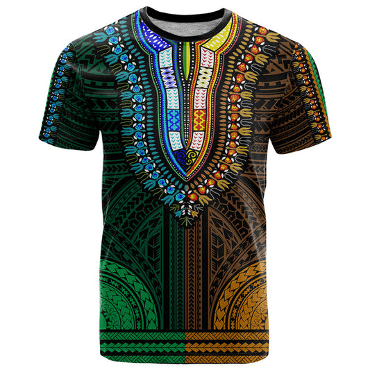 African Dashiki With Polynesian Pattern - Half Green and Gold T Shirt