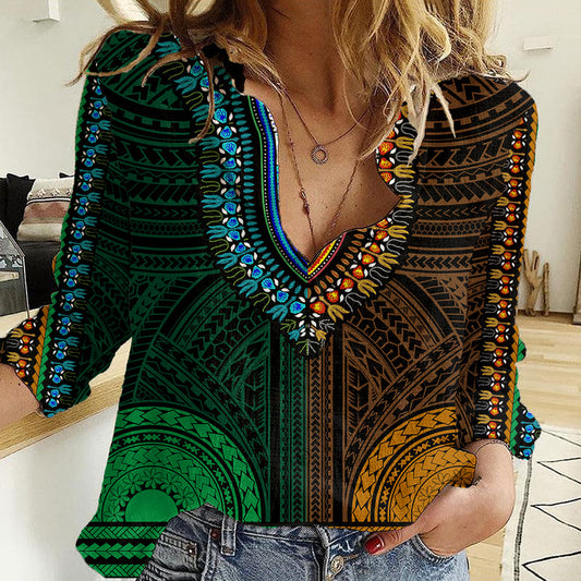 African Dashiki With Polynesian Pattern - Half Green and Gold Women Casual Shirt