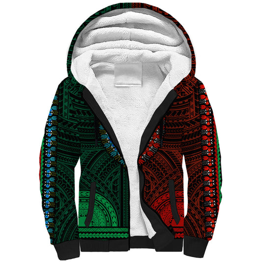African Dashiki With Polynesian Pattern - Half Green and Red Sherpa Hoodie