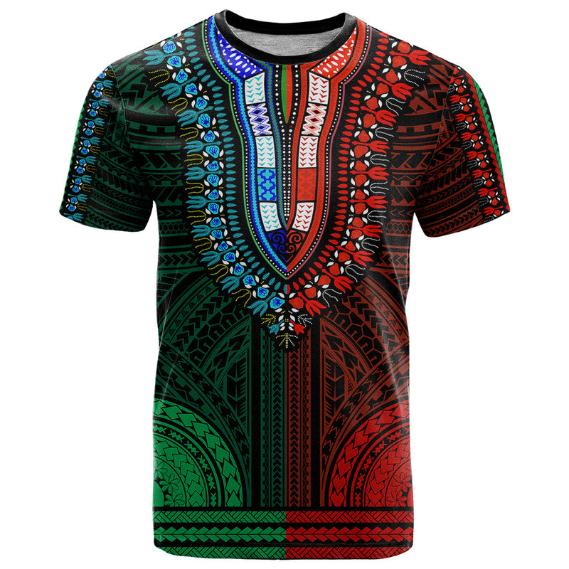 African Dashiki With Polynesian Pattern - Half Green and Red T Shirt