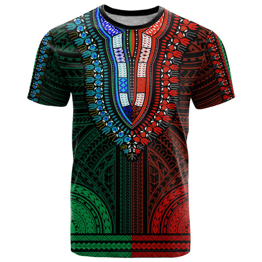 African Dashiki With Polynesian Pattern - Half Green and Red T Shirt