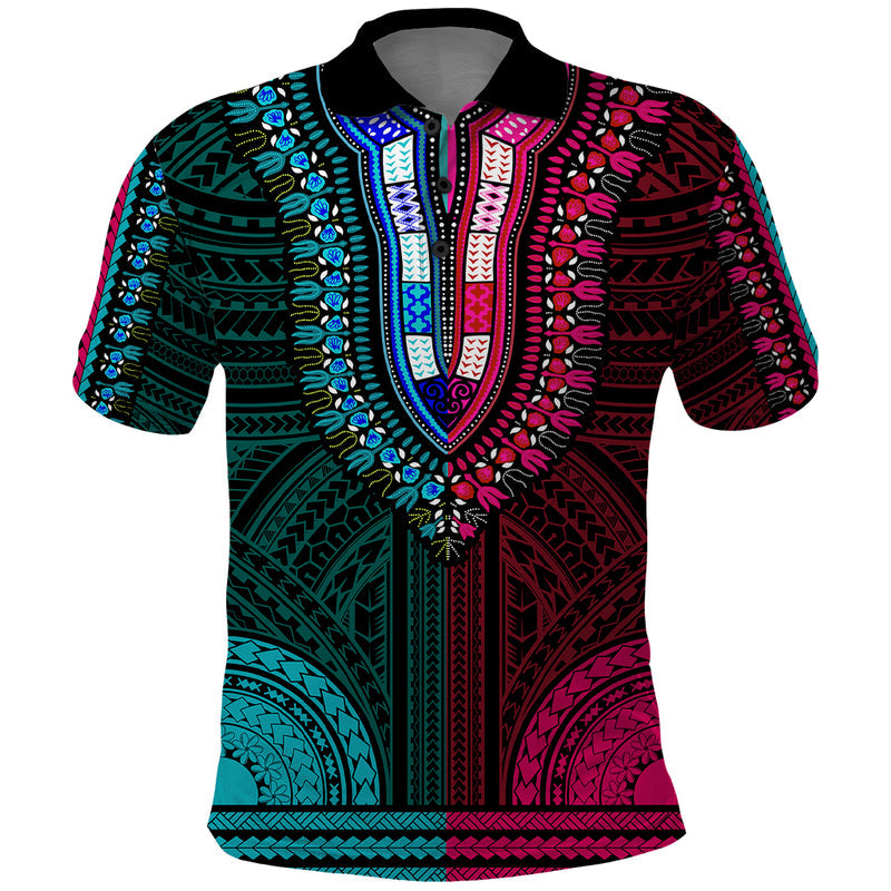 African Dashiki With Polynesian Pattern - Half Teal and Pink Polo Shirt