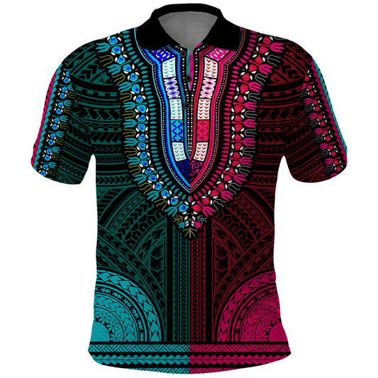 African Dashiki With Polynesian Pattern - Half Teal and Pink Polo Shirt