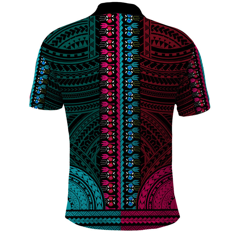 African Dashiki With Polynesian Pattern - Half Teal and Pink Polo Shirt