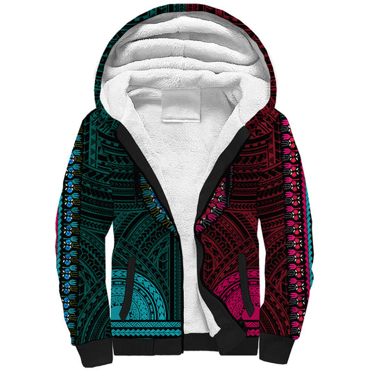 African Dashiki With Polynesian Pattern - Half Teal and Pink Sherpa Hoodie