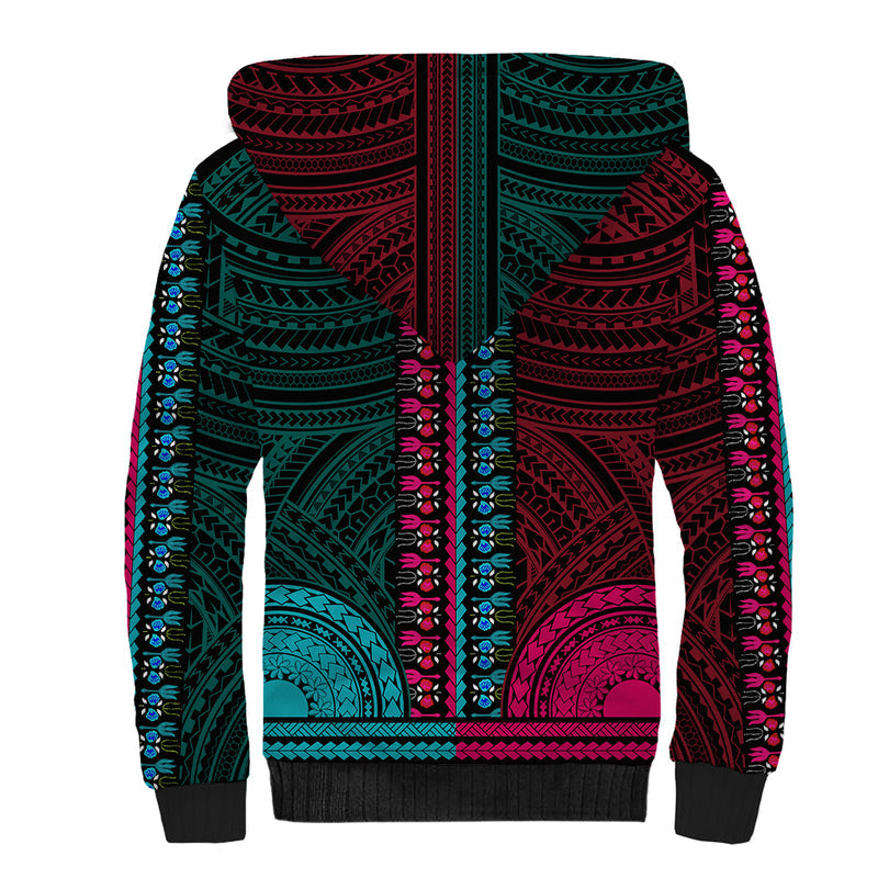 African Dashiki With Polynesian Pattern - Half Teal and Pink Sherpa Hoodie