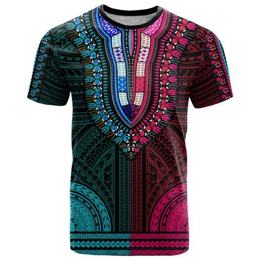 African Dashiki With Polynesian Pattern - Half Teal and Pink T Shirt