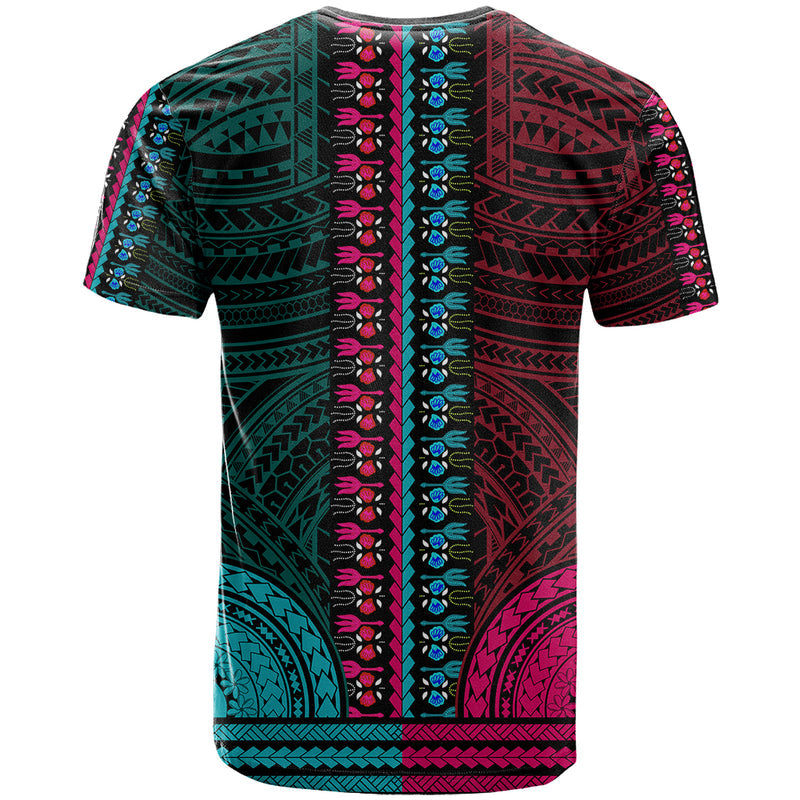 African Dashiki With Polynesian Pattern - Half Teal and Pink T Shirt
