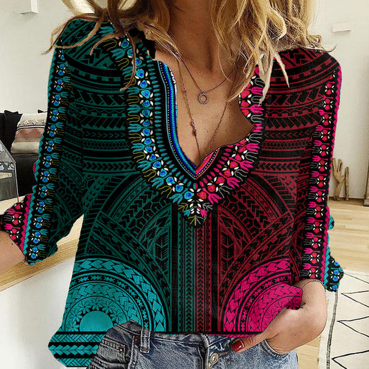 African Dashiki With Polynesian Pattern - Half Teal and Pink Women Casual Shirt