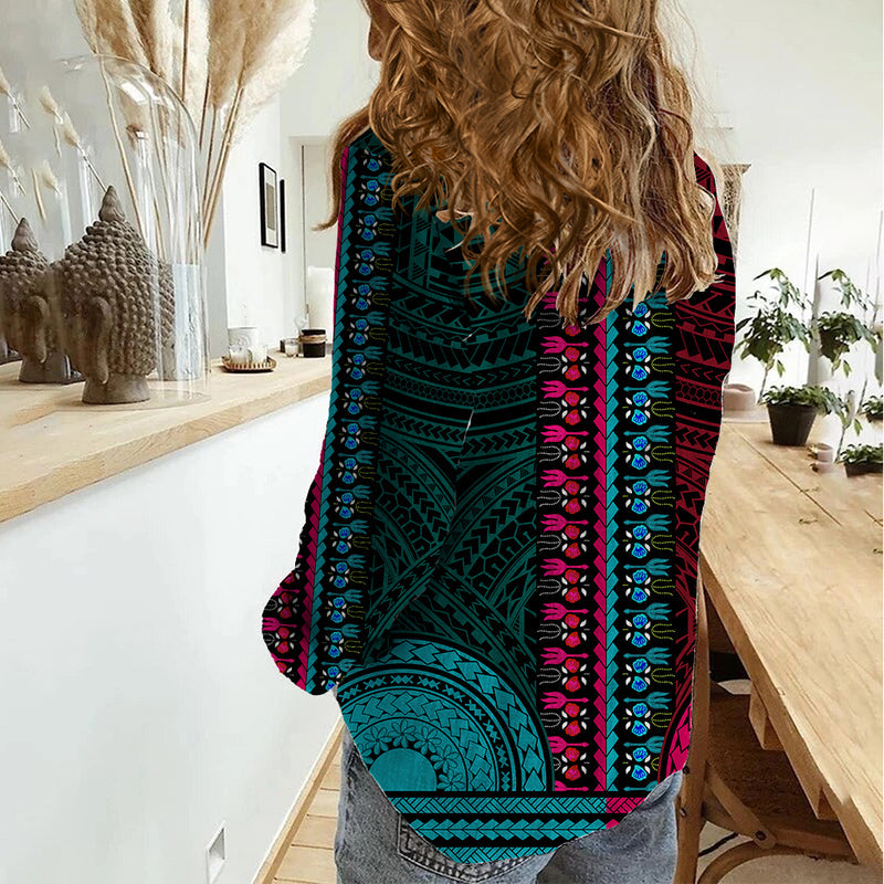 African Dashiki With Polynesian Pattern - Half Teal and Pink Women Casual Shirt