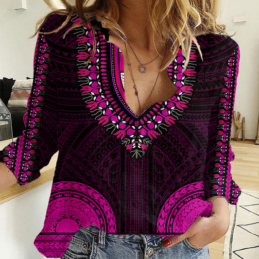 African Dashiki With Polynesian Pattern - Pink Women Casual Shirt