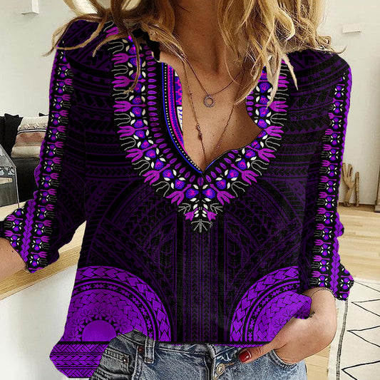 African Dashiki With Polynesian Pattern - Purple Women Casual Shirt