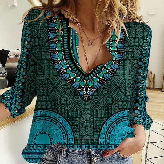 African Dashiki With Tapa Pattern - Teal Women Casual Shirt