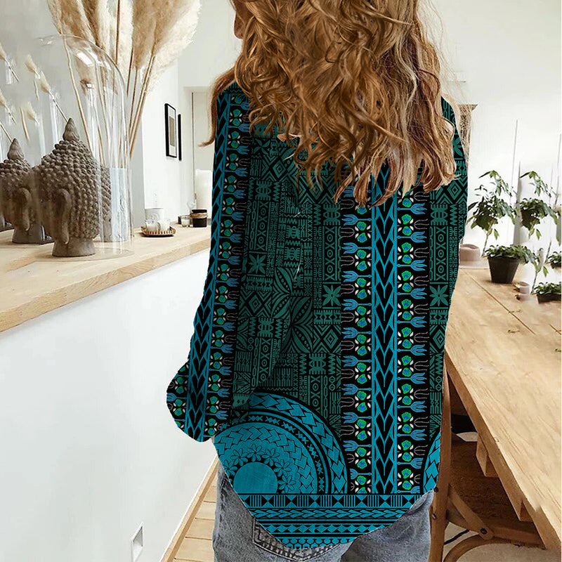 African Dashiki With Tapa Pattern - Teal Women Casual Shirt
