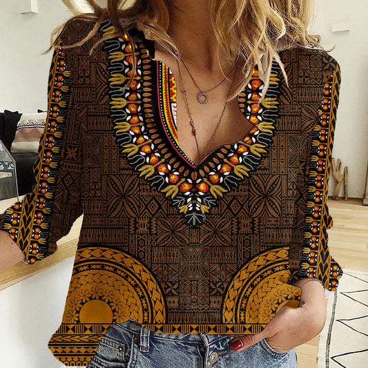 African Dashiki With Tapa Pattern - Gold Women Casual Shirt