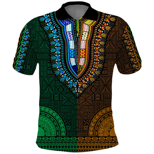 African Dashiki With Tapa Pattern - Half Green and Gold Polo Shirt