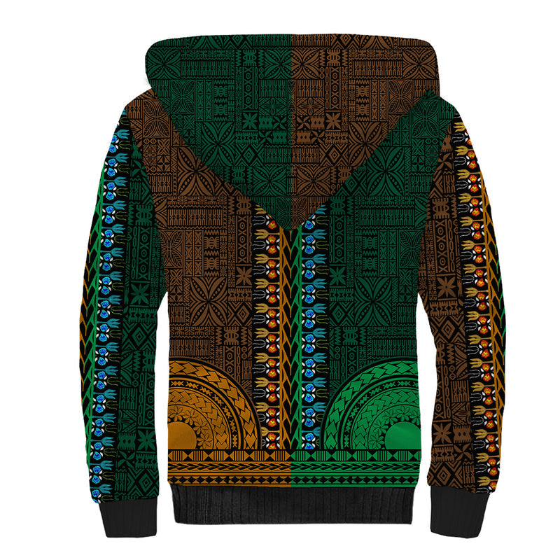 African Dashiki With Tapa Pattern - Half Green and Gold Sherpa Hoodie